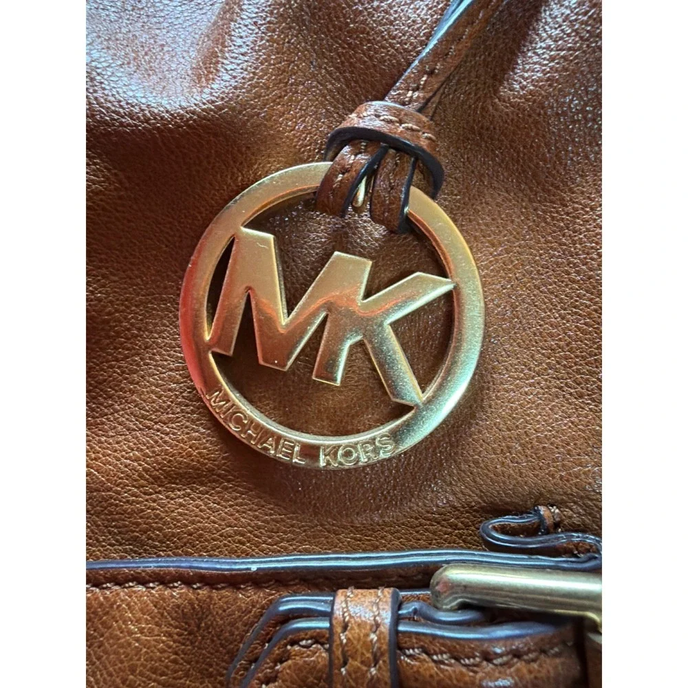 Michael Kors Brown Leather Fringe Hobo Bag Studded Strap Gold Tone Hardware